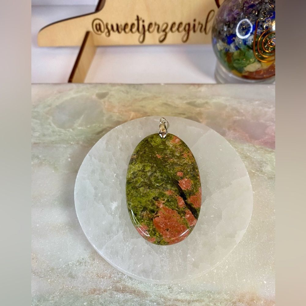 Natural Green Unakite Jasper Stone of Self Love Oblong Slab Pendant